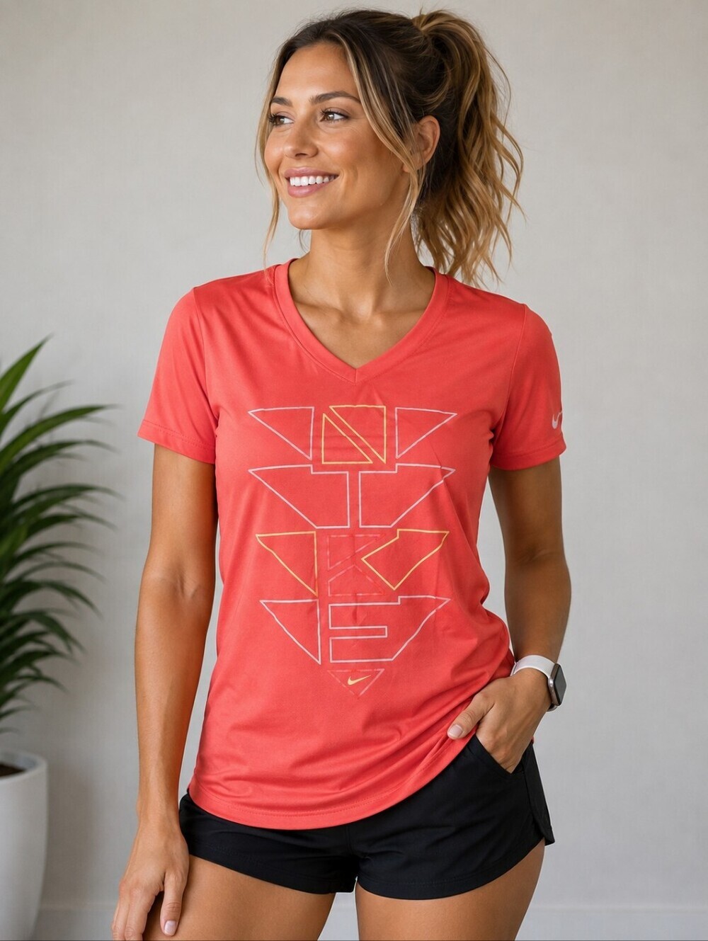 The Nike Tee V-Neck Dri-Fit Athletic Cut Women's Medium M Coral Athleisure EUC
